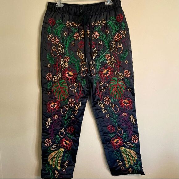 NEW FARM Rio Black Pants Embroidered Intricate Tropical Embroidery Satin Size M - Picture 7 of 15